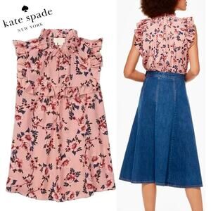 $248 KATE SPADE NWT Pink & Navy Blue Floral Ruffle Blouse Top – Small